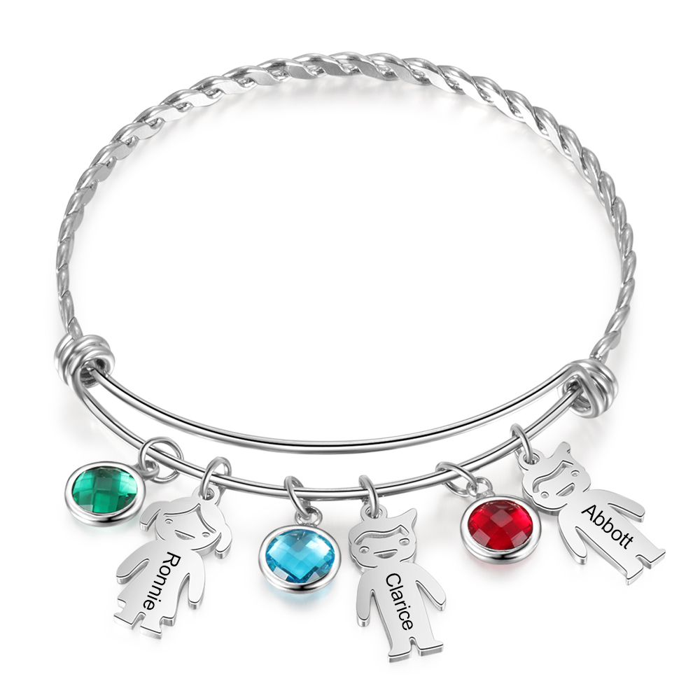 Personalised Kid Charms Bangle Bracelet With Names Customised 3 Birthstones Gift for Her-Jessemade AU