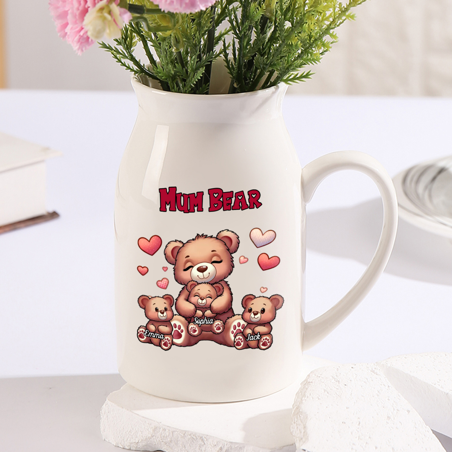 Personalised Ceramic Flower Vase Custom 2–8 Names & 1 Text Bear Family Vase Gift for Mother/Grandma-Jessemade AU