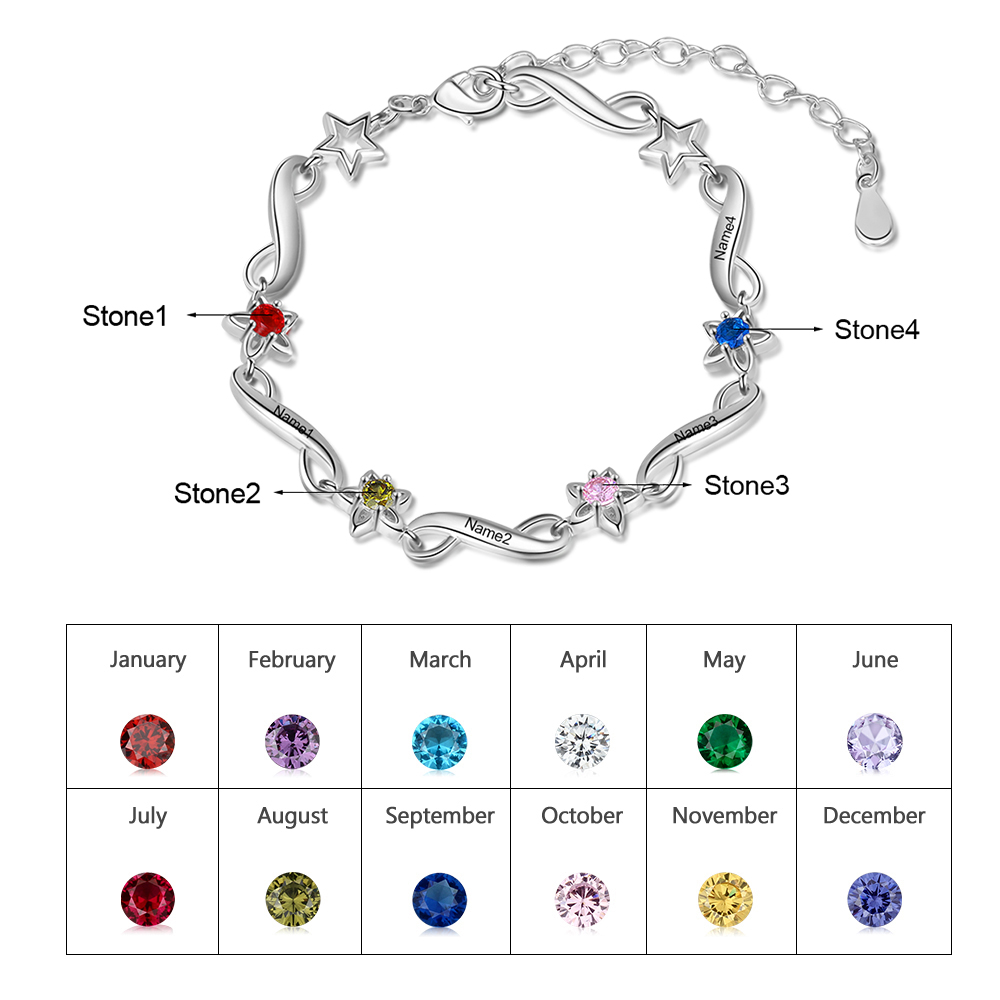 Personalised Star Bracelet With 4 Birthstones Engraved Names Bracelet Gift For Women-Jessemade AU