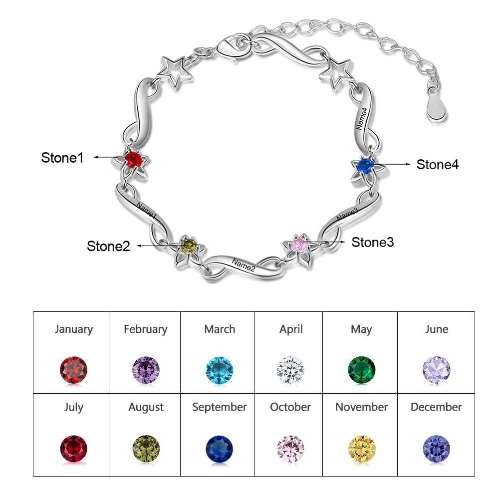 Personalised Star Bracelet With 4 Birthstones Engraved Names Bracelet Gift For Women-Jessemade AU