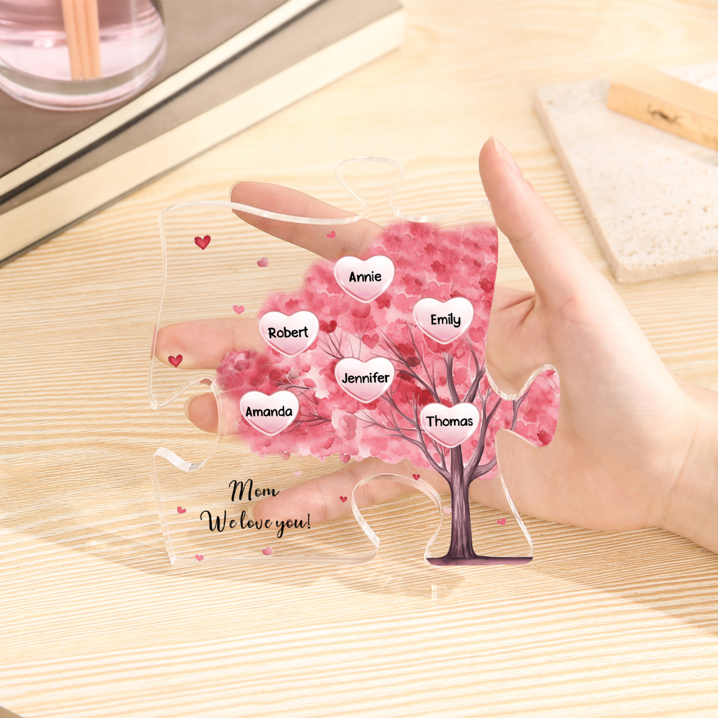 Personalised Acrylic Puzzle Plaque Custom 6 Names & 1 Text Pink Tree Family Ornament Gift for Mum/Nan-Jessemade AU
