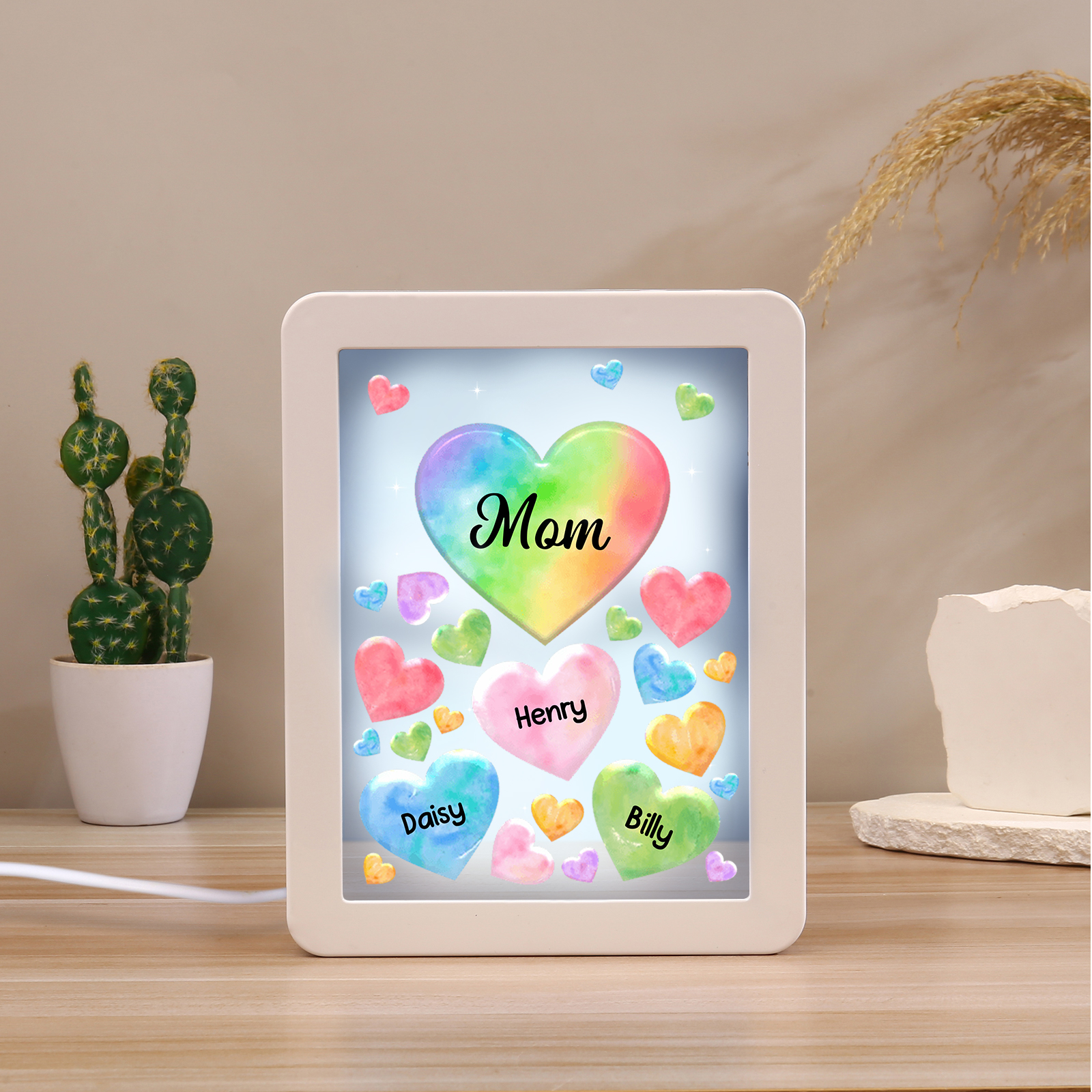 Personalised Night Light Mirror Frame Custom 1 Text & 3 Names Colourful Hearts Family LED Lamp Gift for Grandma/Mother-Jessemade AU
