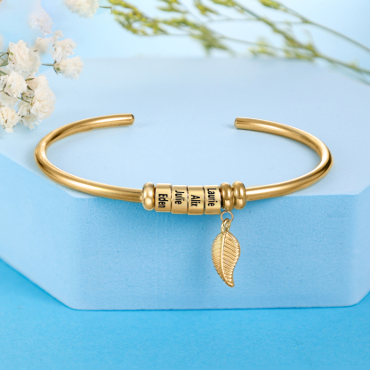 Women Bangle Bracelet with Leaf and Beads Engraved 1 Name Rose Gifts for Mother