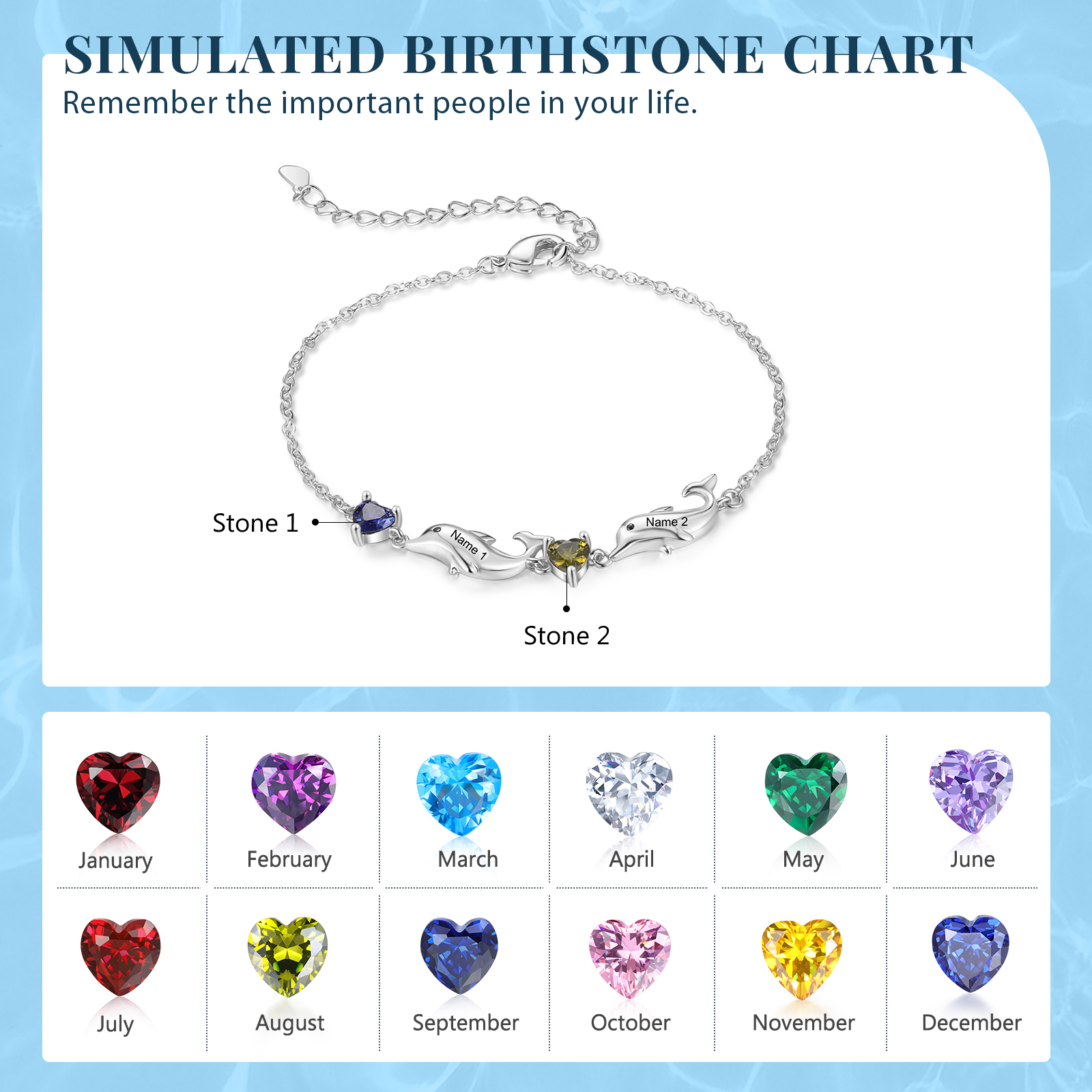 Dolphin Bracelet Personalised 2 Birthstones & 2 Names Women Bracelet-Jessemade AU
