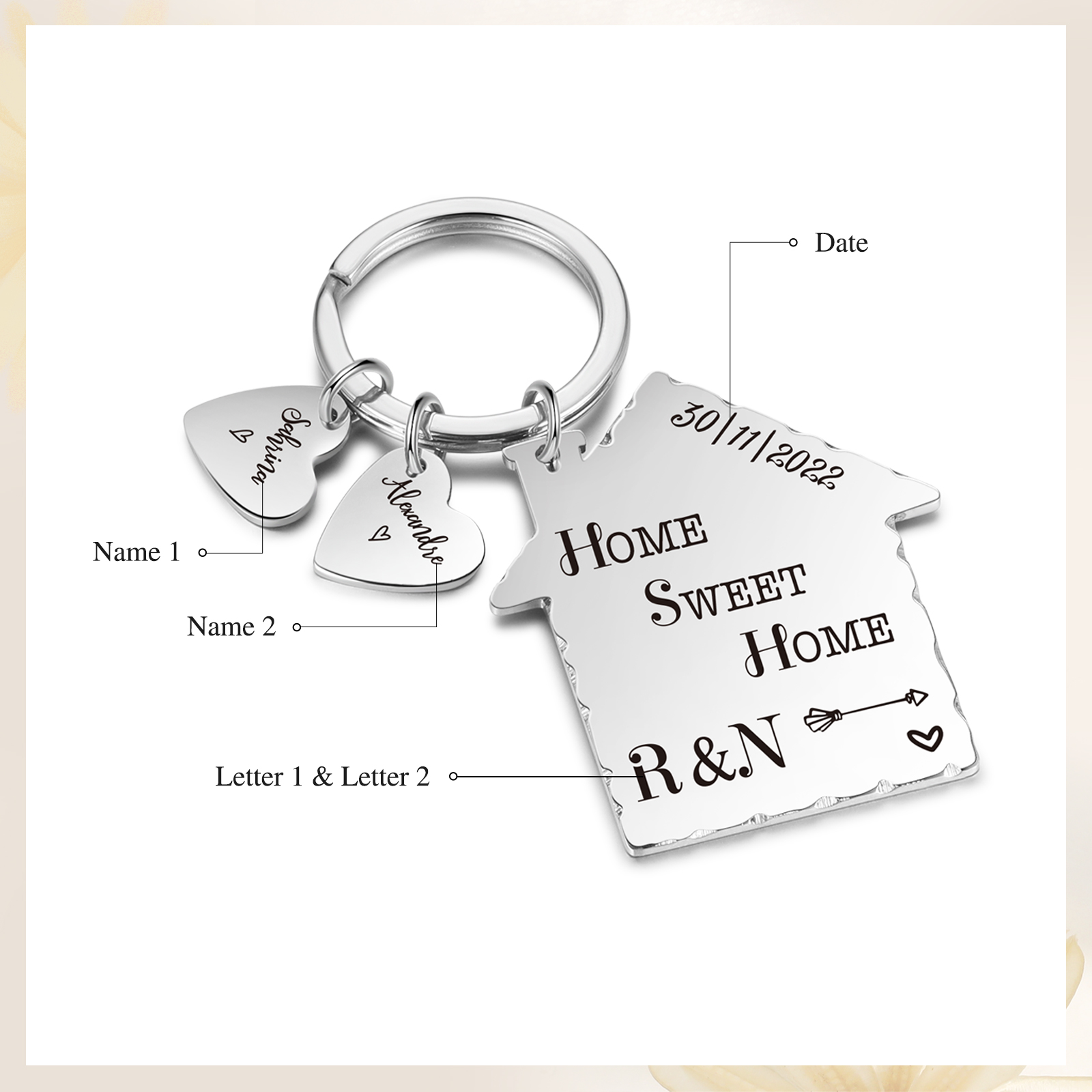 Sweet Home Keychain Customised with 2 Names & Letters & Date Keyring Personalised Gift for Couples-Jessemade AU