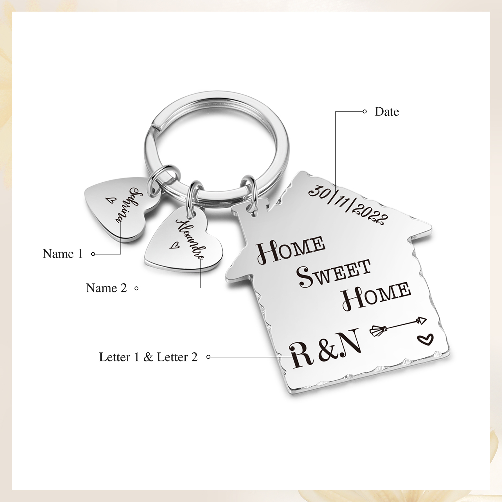 Sweet Home Keychain Customised with 2 Names & Letters & Date Keyring Personalised Gift for Couples-Jessemade AU