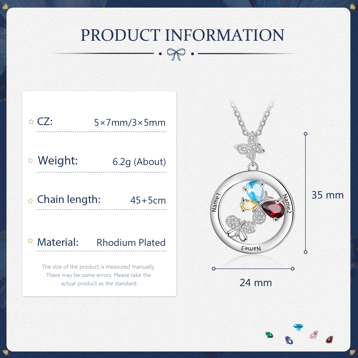 Personalised Butterfly Necklace With 3 Birthstones Custom Names Best Gift For Her-Jessemade AU