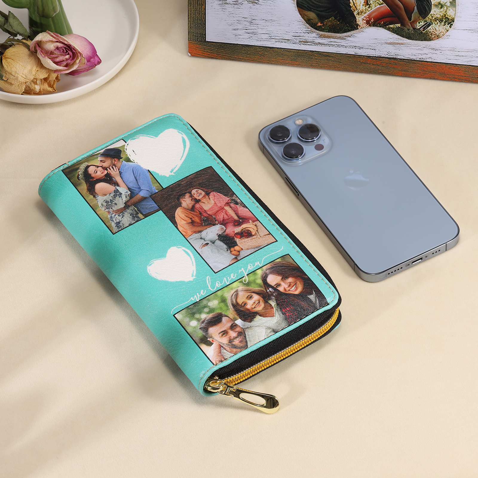 Long Purse Personalised Leather Wallet Engraved 6 Photos Zip Wallet Gifts for Her-Jessemade AU