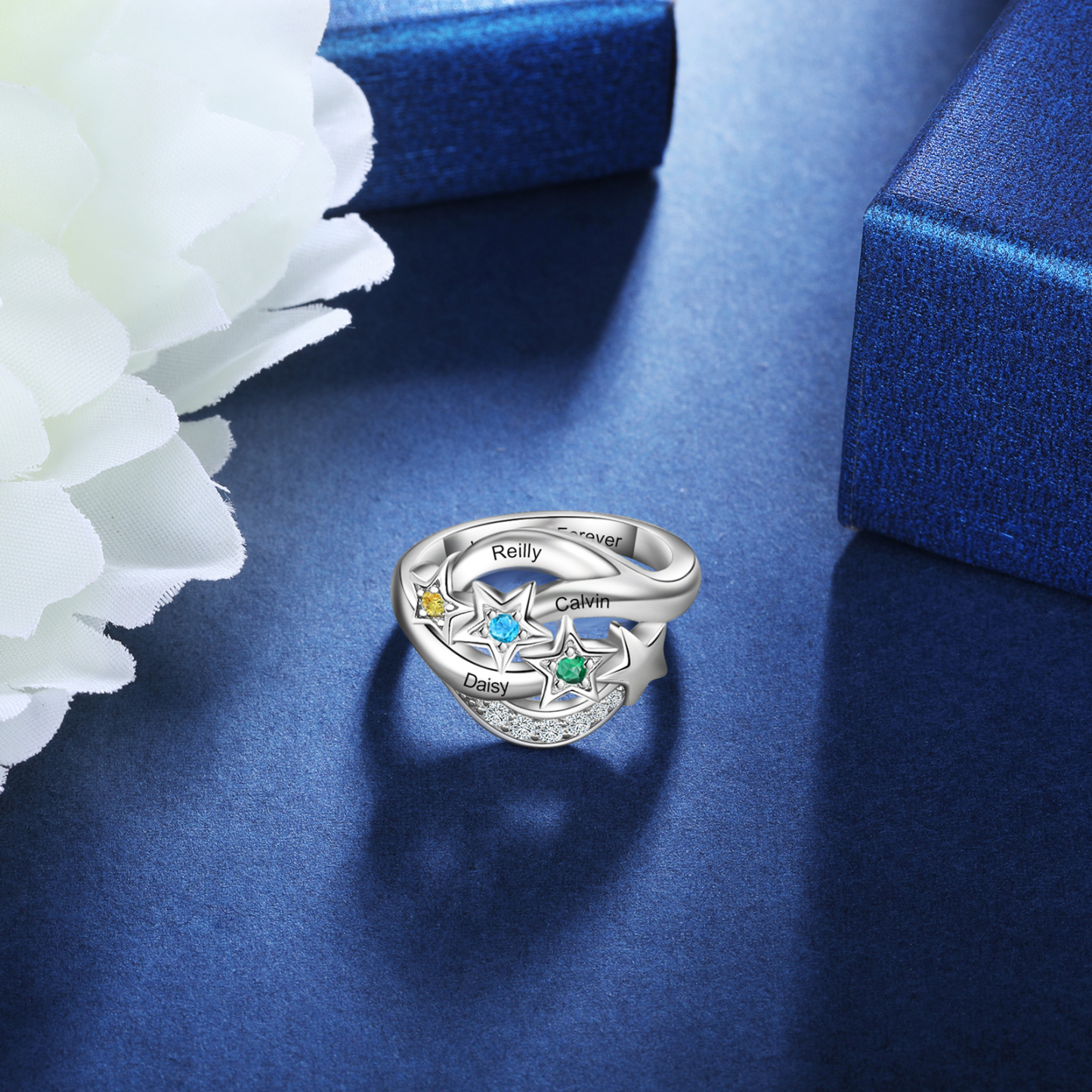 Personalised Star Ring With 3 Birthstones Engraved Names Ring Gift For Women-Jessemade AU