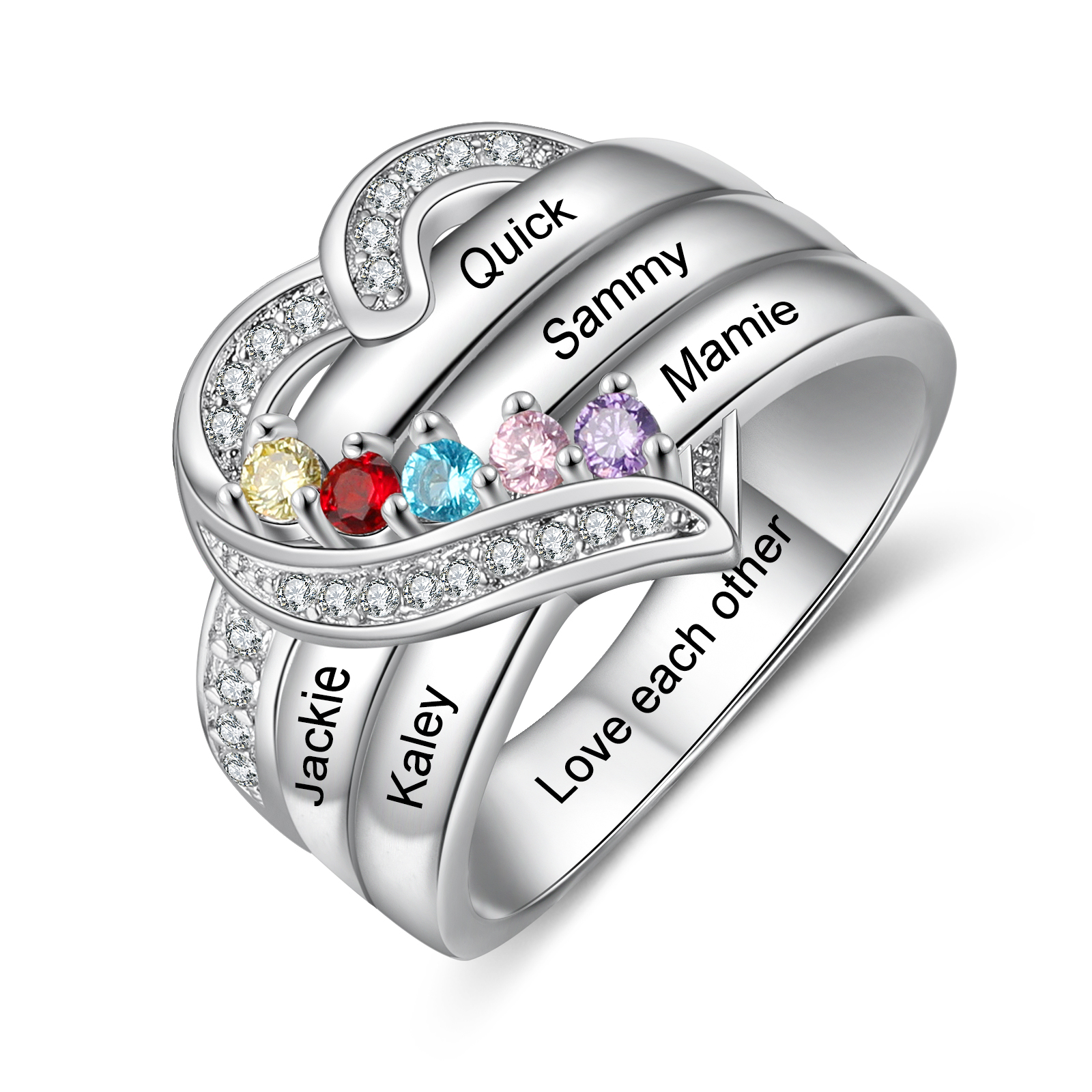 S925 Silver Personalised Mother Ring with 5 Birthstones Heart Family Ring-Jessemade AU