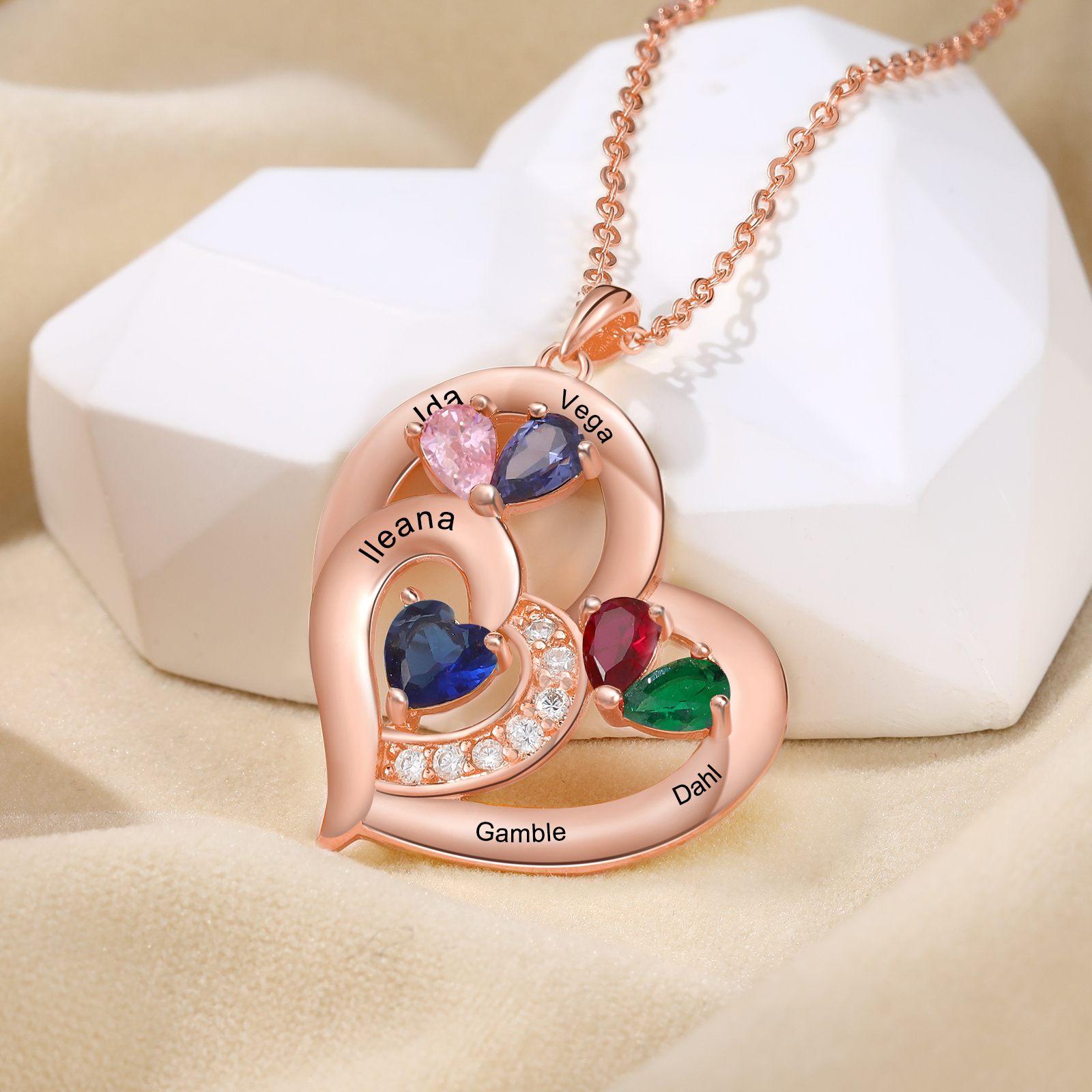 5 Names - Personalised Heart Pendant Necklace Customised Names & Birthstones Necklace Birthday Gift for Her-Jessemade AU