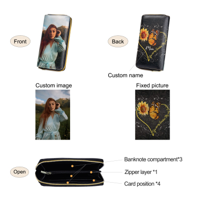 "You Are My Sunshine", Personalised Horse Leather Wallet Engraved 1 Photo Zip Wallet Long Purse Gifts for Her-Jessemade AU