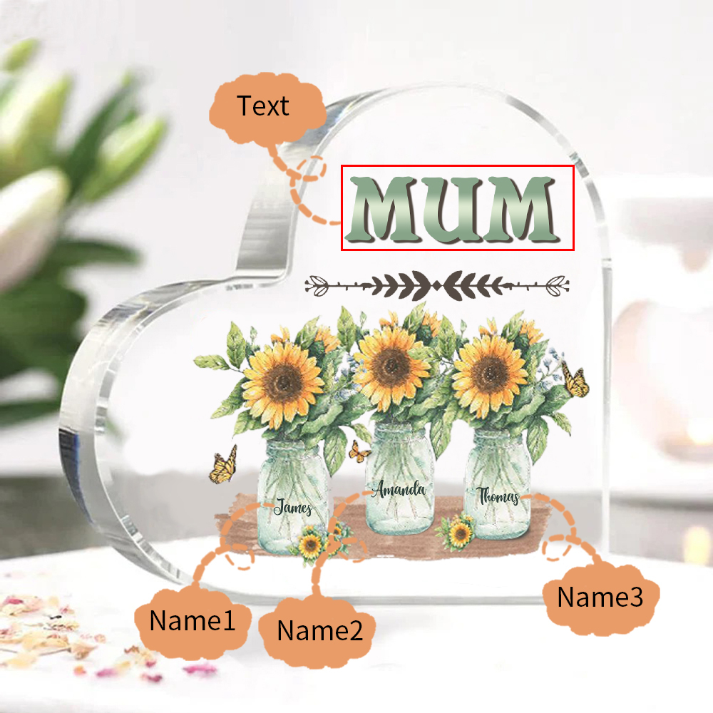 Personalised Acrylic Heart Keepsake Custom 3 Names & 1 Text Sunflower Vase Ornament Gifts for Mother/Grandma-Jessemade AU