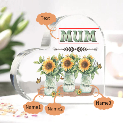 Personalised Acrylic Heart Keepsake Custom 3 Names & 1 Text Sunflower Vase Ornament Gifts for Mother/Grandma-Jessemade AU