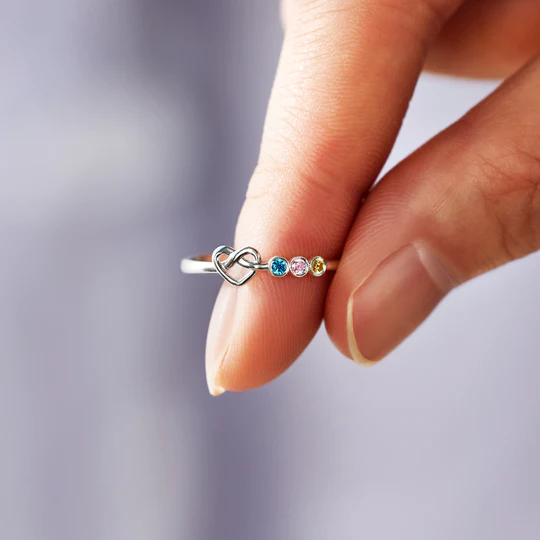 Family Ring Personalised 4 Birthstones Heart Knot Ring Band-Jessemade AU