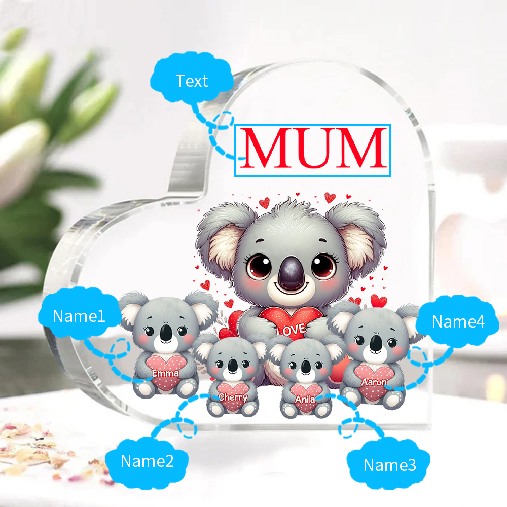 Personalised Acrylic Heart Keepsake Custom 1 Text & 4 Names Ornament Koala Family Gifts for Mother/Grandma-Jessemade AU