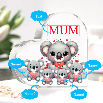 Personalised Acrylic Heart Keepsake Custom 1 Text & 4 Names Ornament Koala Family Gifts for Mother/Grandma-Jessemade AU