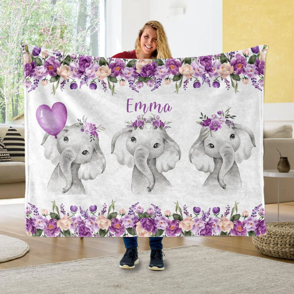 Personalised Floral Elephant Blanket Custom Name Gifts For Baby Girl-Jessemade AU