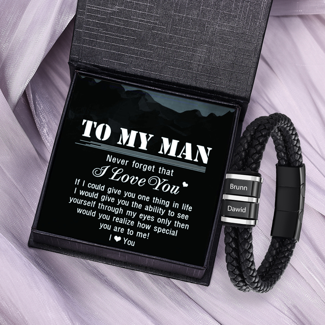 2 Names - Men's Leather Bracelet Custom Names Beaded Bracelet Adjustable Personalised Gift for Him-Jessemade AU