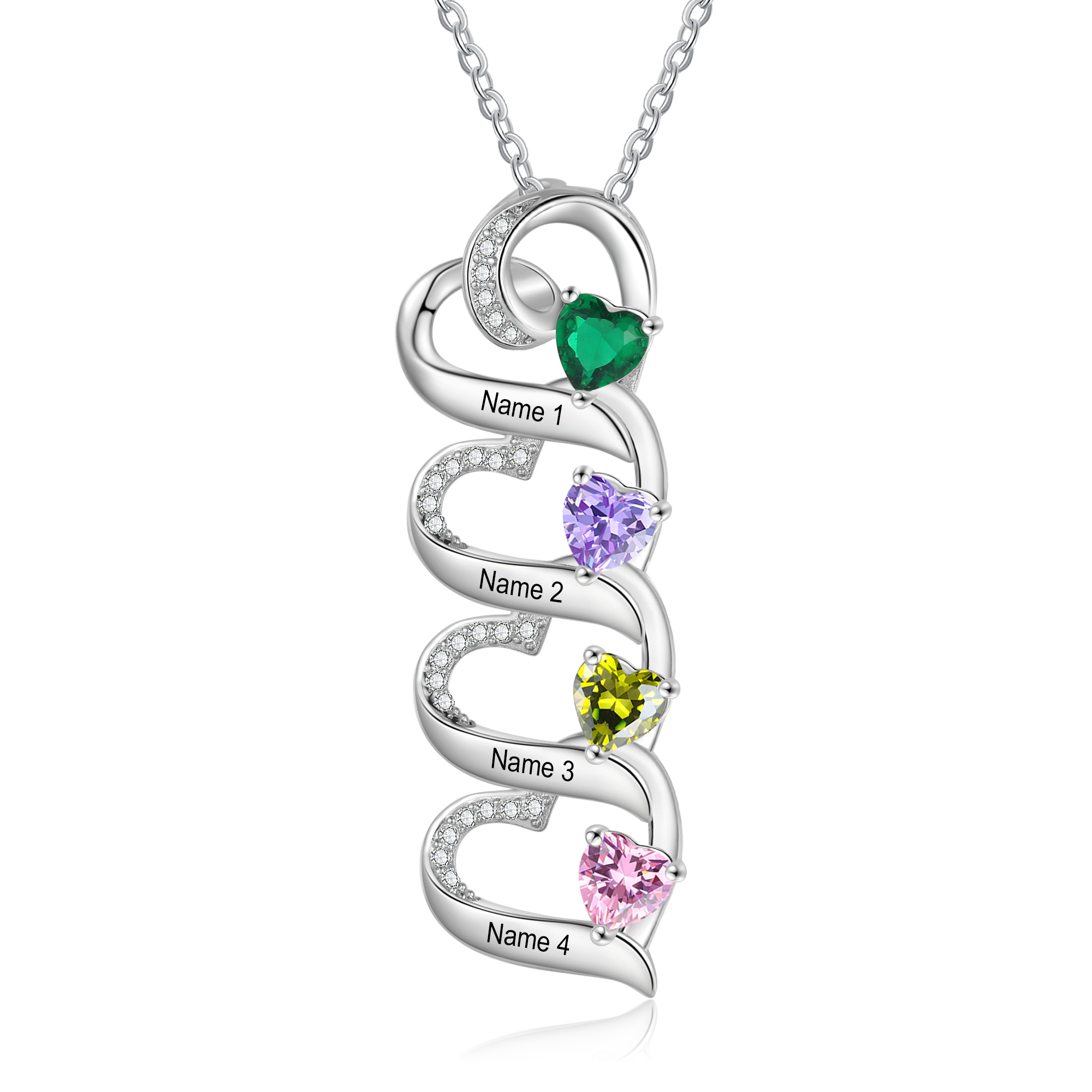 Personalised S925 Silver Heart Necklace Custom 4 Birthstones and Names Gift for Her
