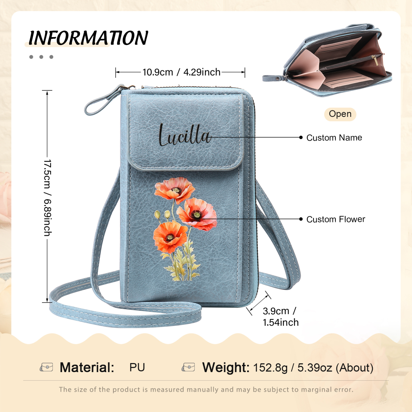 Personalised Women's Leather Wallet Custom Birthday Flower & Name Mobile Phone Wallet Zipper Crossbody Bag