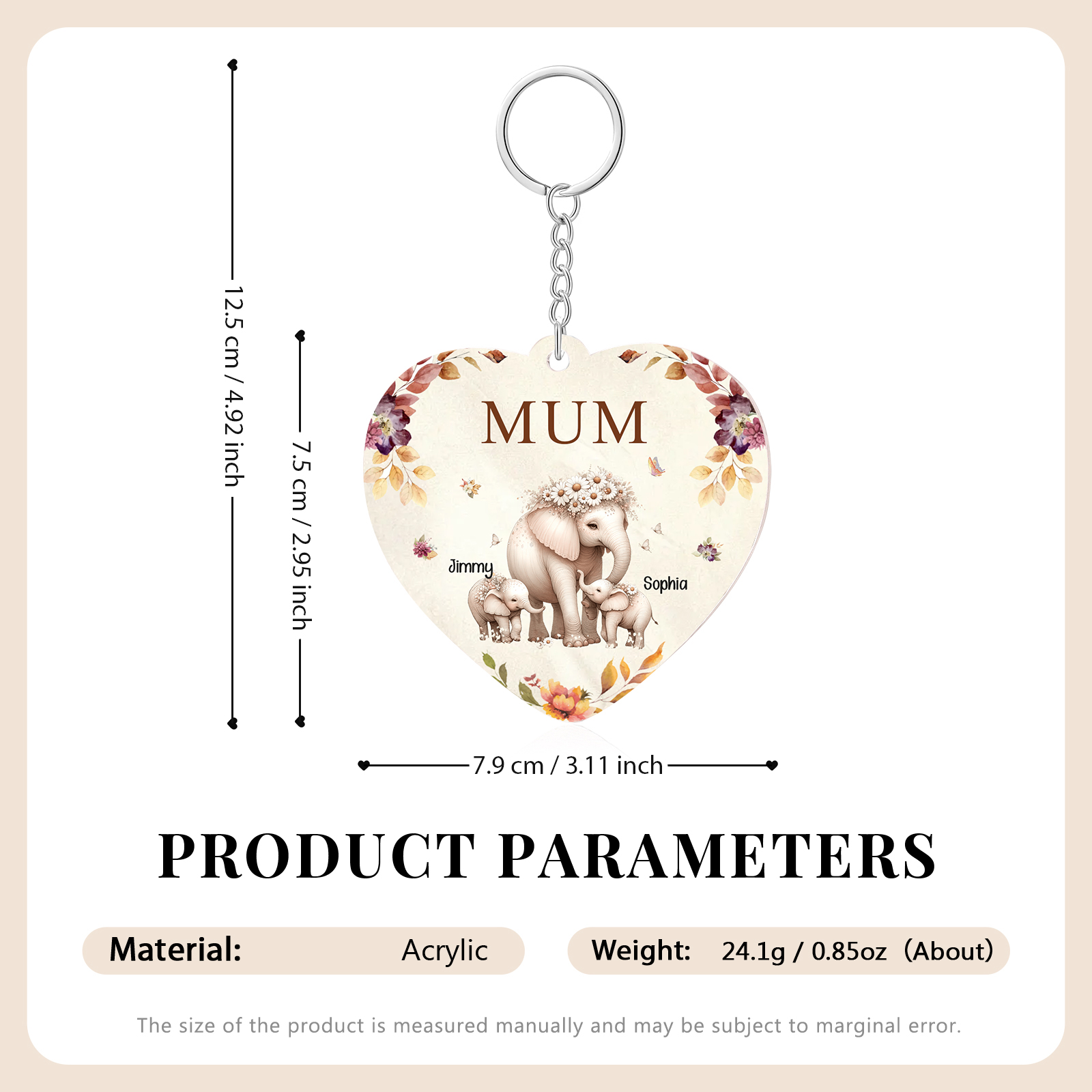 2 Names - Personalised Acrylic Keychain Custom 1 Text Elephant Family Hanging Ornaments Gift for Mum/Grandma-Jessemade AU