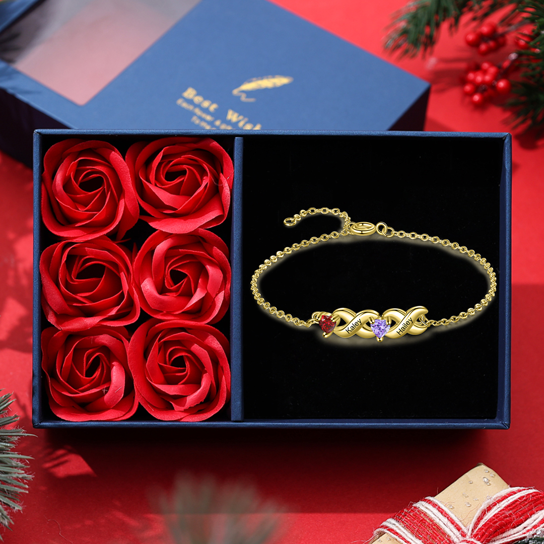 Family Custom Bracelet Heart Personalised with 2 Birthstones Gift Box Set-Jessemade AU