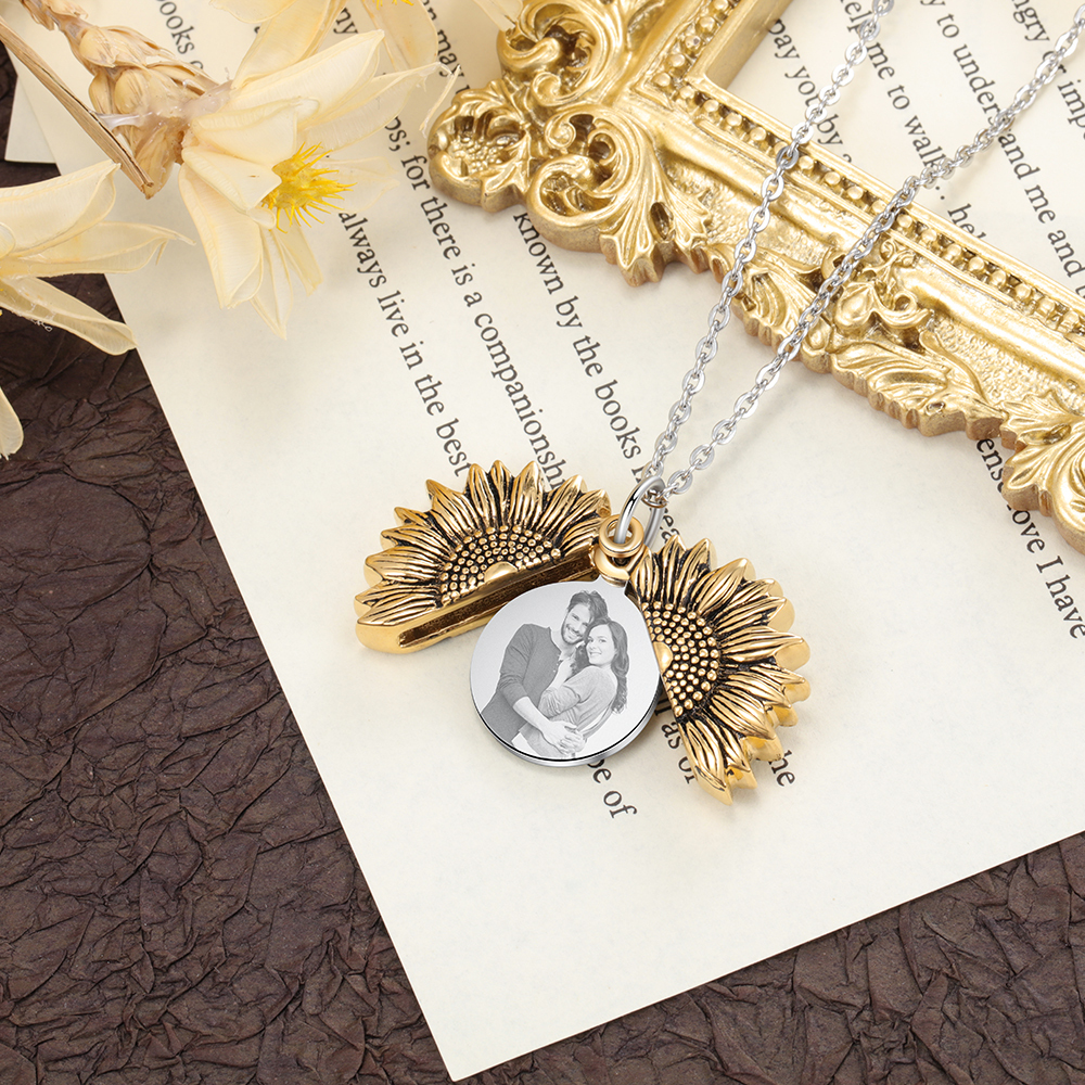 Personalised Open Locket Sunflower Photo Necklace With Engraving "You Are My Sunshine"-Jessemade AU