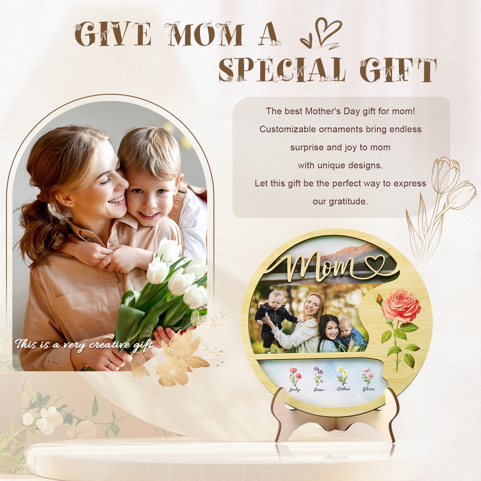 Personalised Photo & Text Wooden Plaque Custom 5 Birth Flowers & 4 Names Wooden Sign With Stand Gifts for Mum/Nana-Jessemade AU