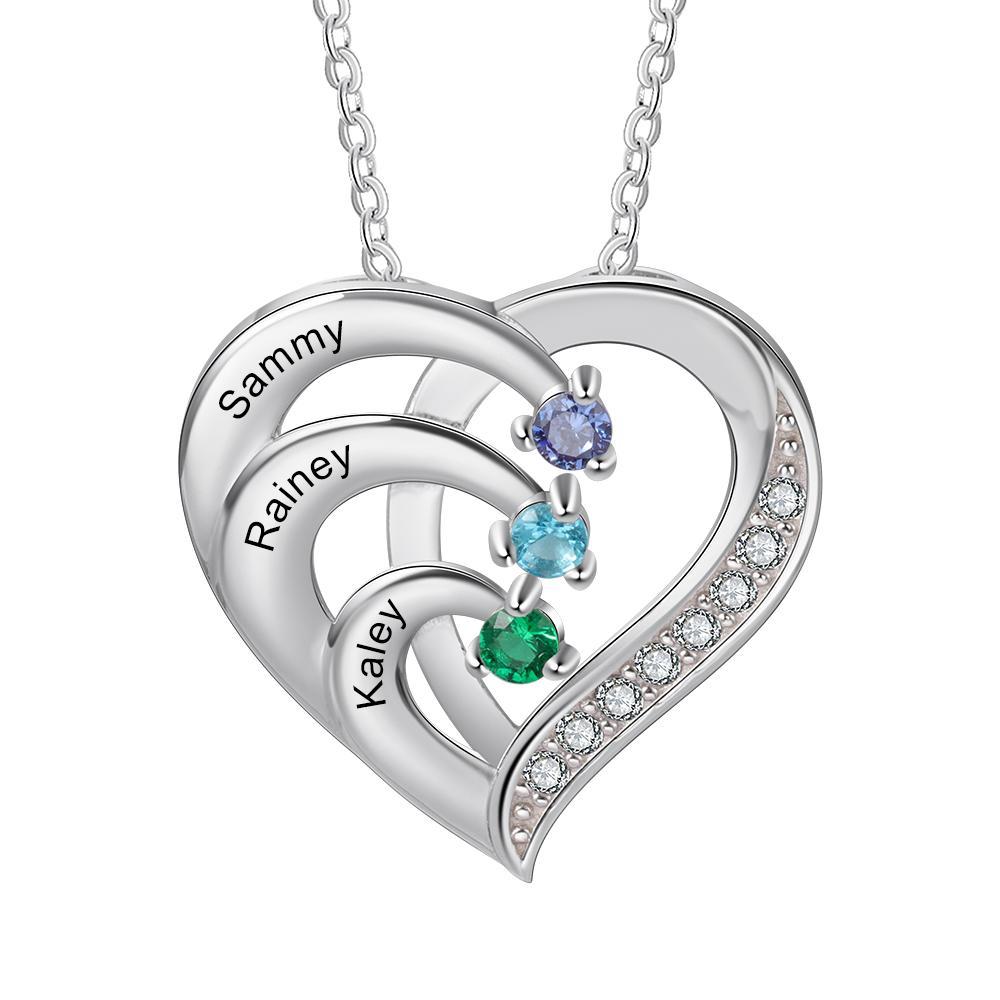 Personalised Mother Necklace Engraved 3 Names 3 Birthstone Intertwined Heart Pendant
