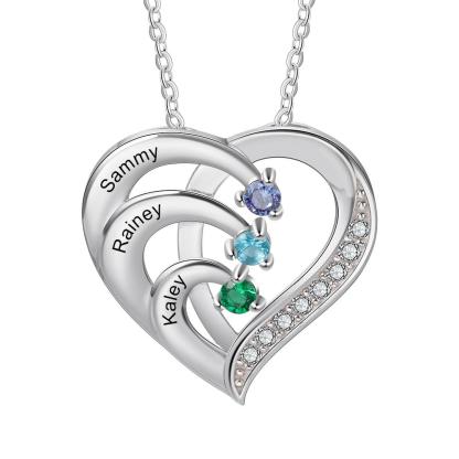 Personalised Mother Necklace Engraved 3 Names 3 Birthstone Intertwined Heart Pendant