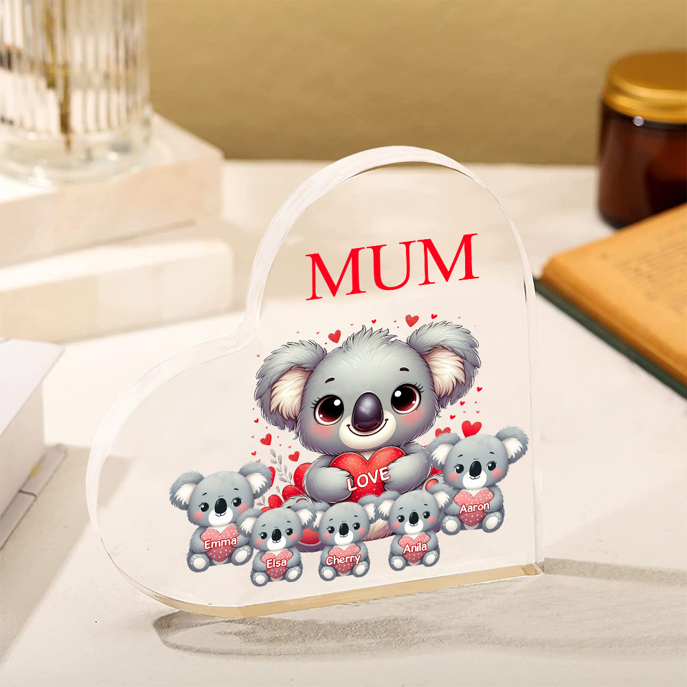 Personalised Acrylic Heart Keepsake Custom 1 Text & 5 Names Ornament Koala Family Gifts for Mother/Grandma-Jessemade AU