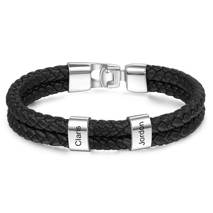 Personalised Braided Leather Bracelet Engraved 2 Names Men's Bracelet for Him