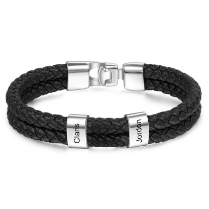 Personalised Braided Leather Bracelet Engraved 2 Names Men's Bracelet for Him