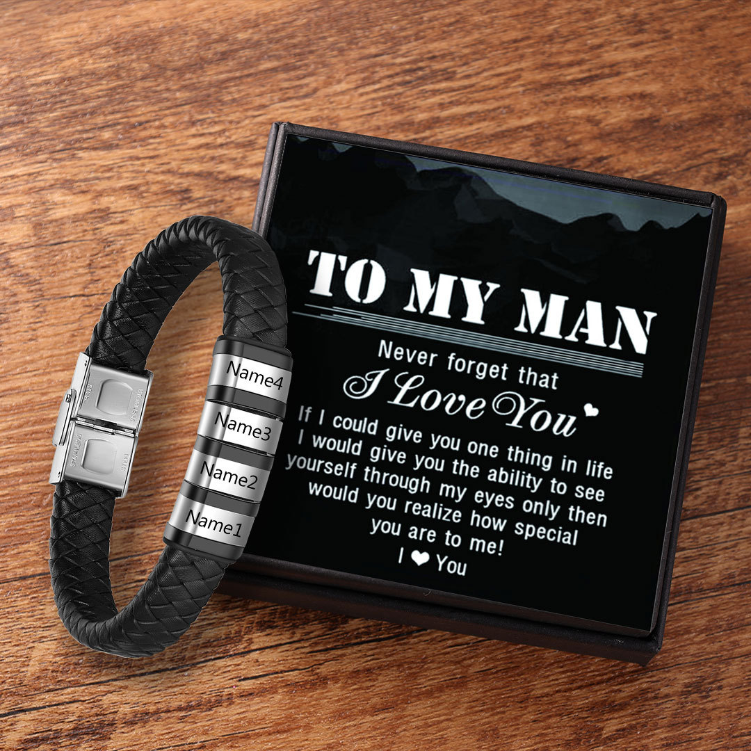 Men Leather Braided Bracelet Personalised with 4 Names 4 Beads Gift For Father's Day-Jessemade AU