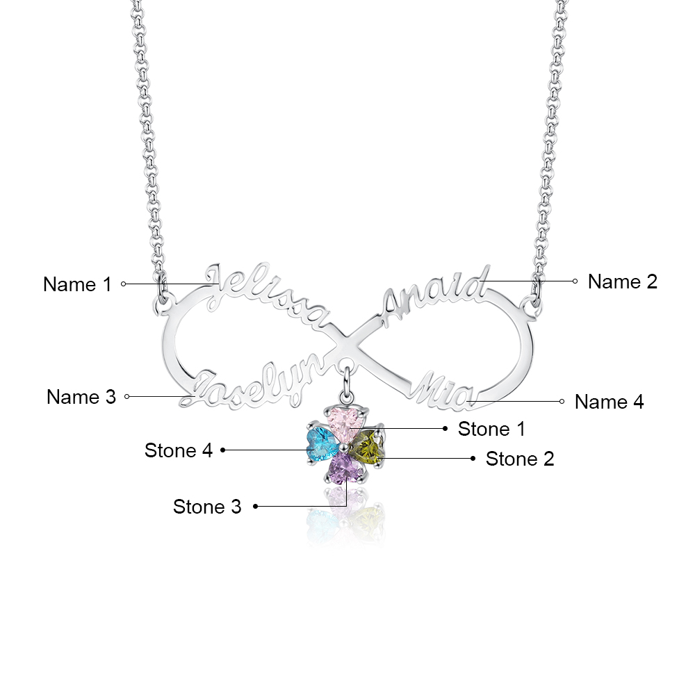 Personalised Infinity Necklace With 4 Birthstones Engraved Names Necklace Gift For Women
