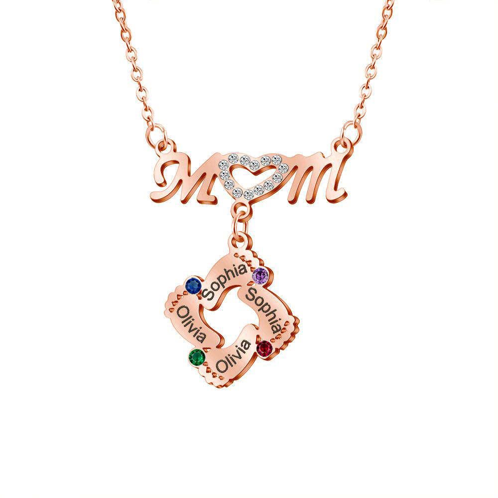 Mom Necklace Customised Baby Feet Necklace with Birthstones Engraving 4 Names Gifts for Her-Jessemade AU