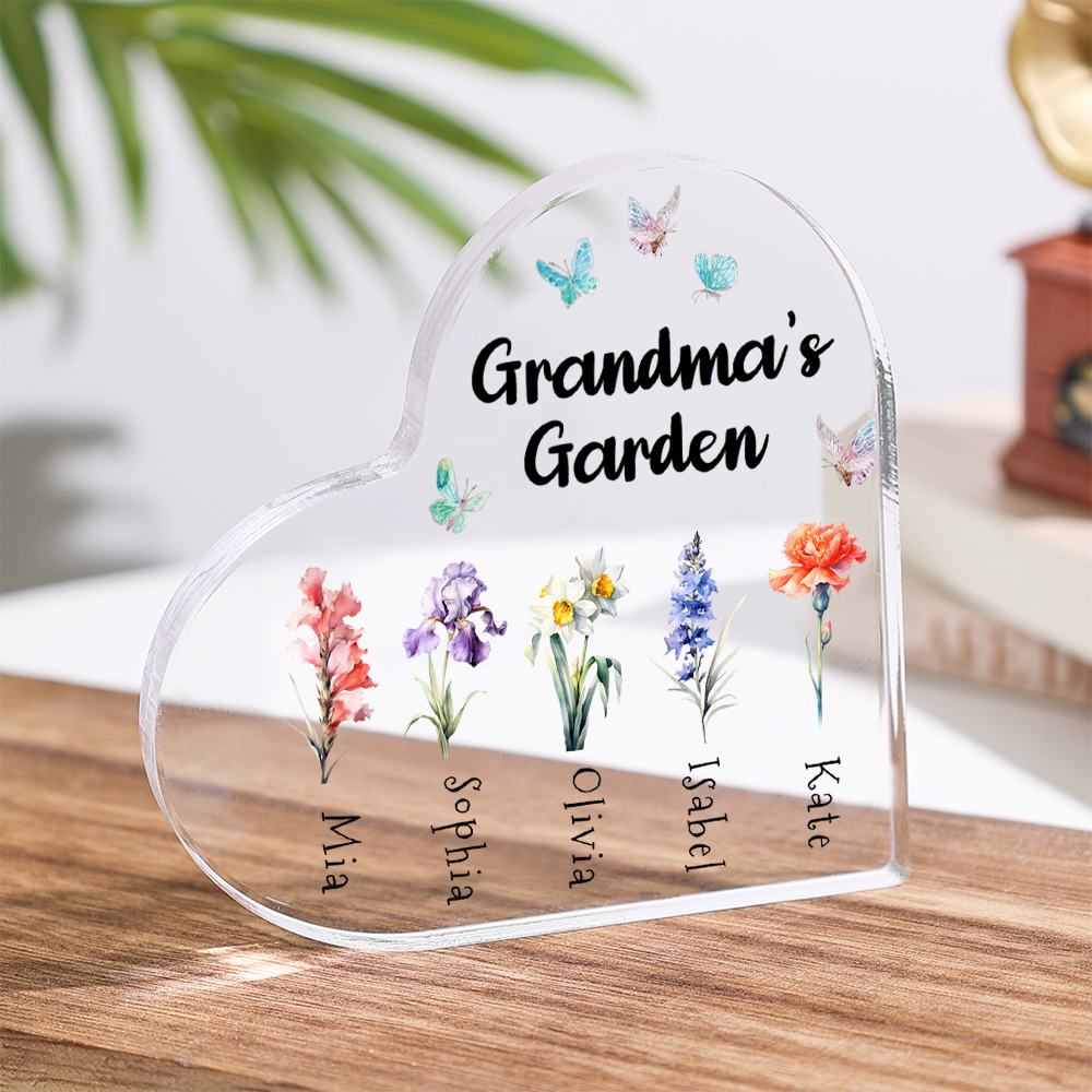 Personalised Acrylic Heart Keepsake Custom 1–6 Names & Birth Flowers Ornaments Gifts for Grandma - Grandma's Garden-Jessemade AU