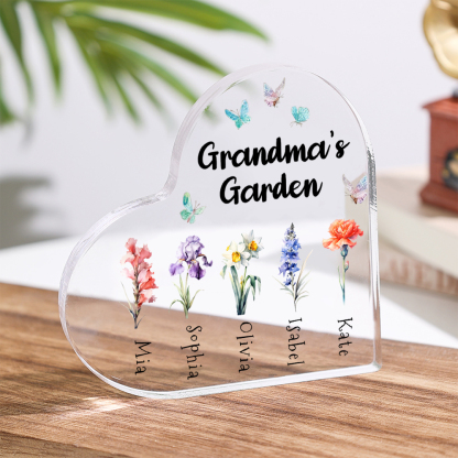 Personalised Acrylic Heart Keepsake Custom 1–6 Names & Birth Flowers Ornaments Gifts for Grandma - Grandma's Garden-Jessemade AU