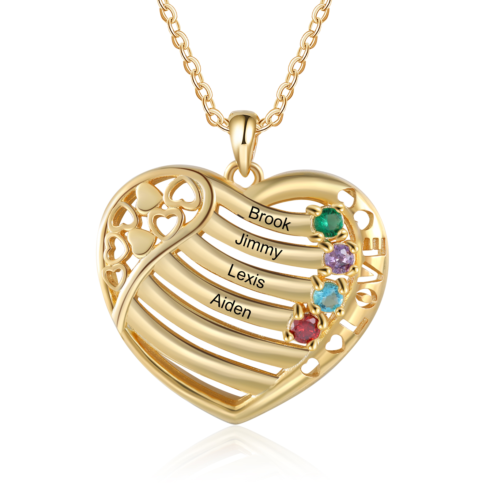LOVE Heart Necklace Custom 4 Names & Birthstones Family Necklace Gifts For Her-Jessemade AU