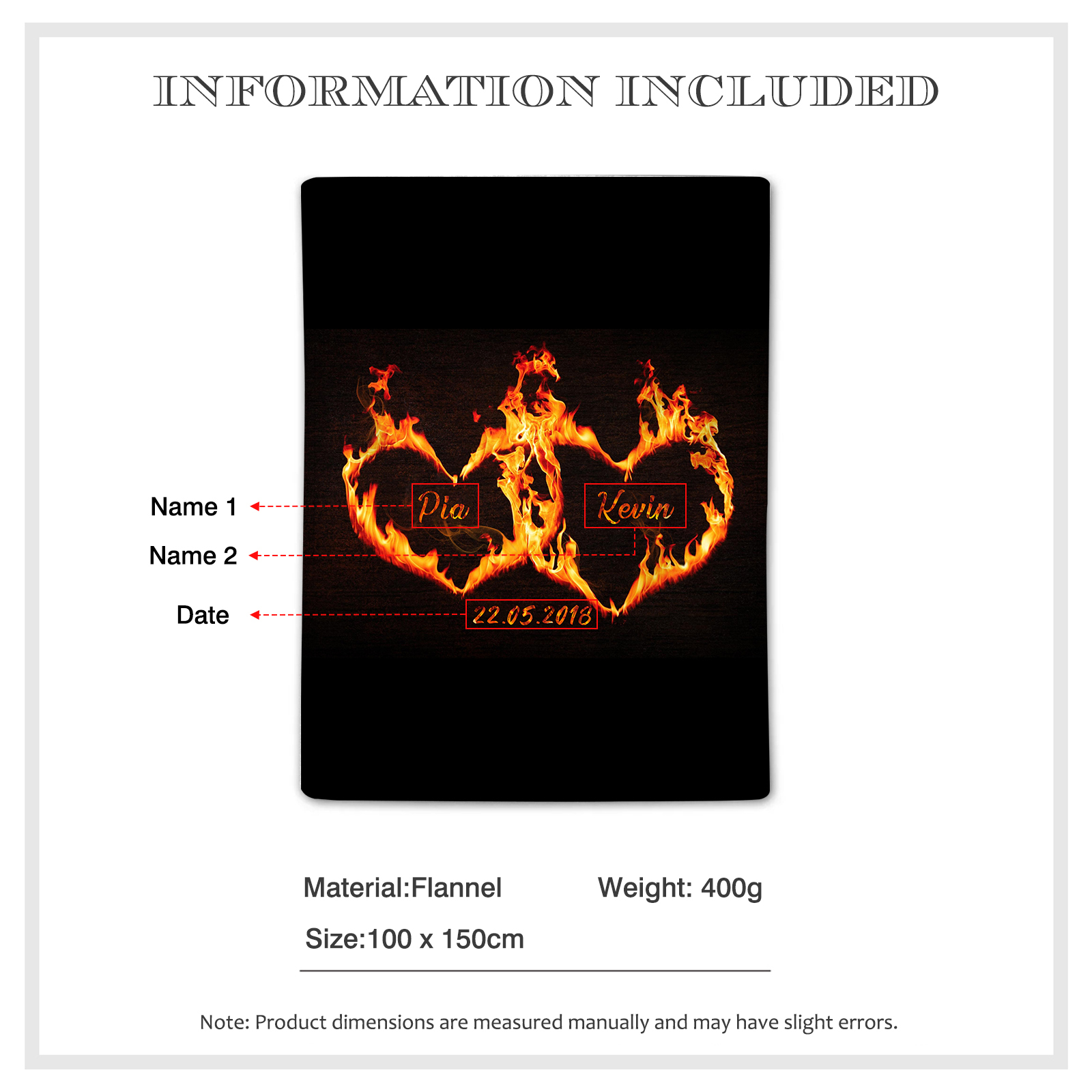 Personalised Couple Blanket Custom 2 Names & Date Blanket Burning Love Valentine's Day Anniversary Gift for Couples-Jessemade AU