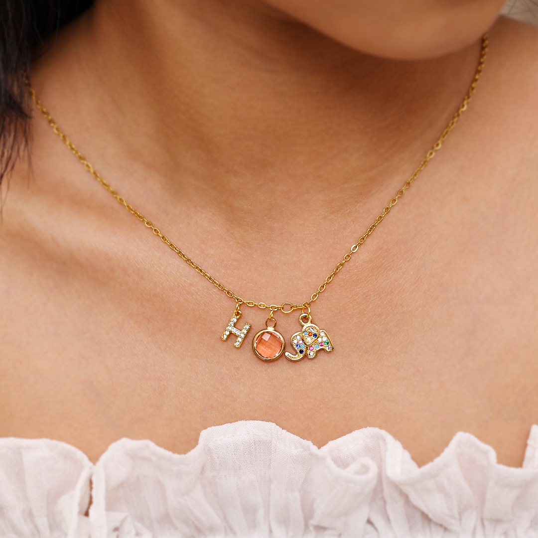 Personalised Elephant Necklace Custom Birthstone and Initial Kid's Necklace-Jessemade AU