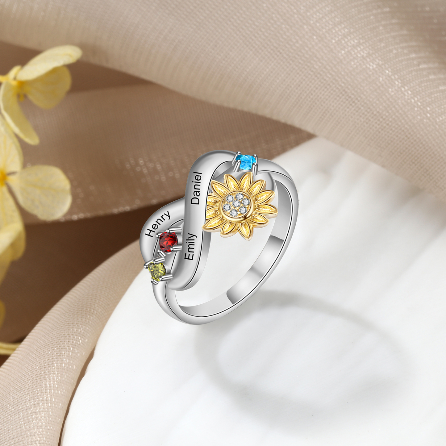 Personalised 3 Birthstones Sunflower Ring Engraved Names Infinity Ring Gifts For Her-Jessemade AU