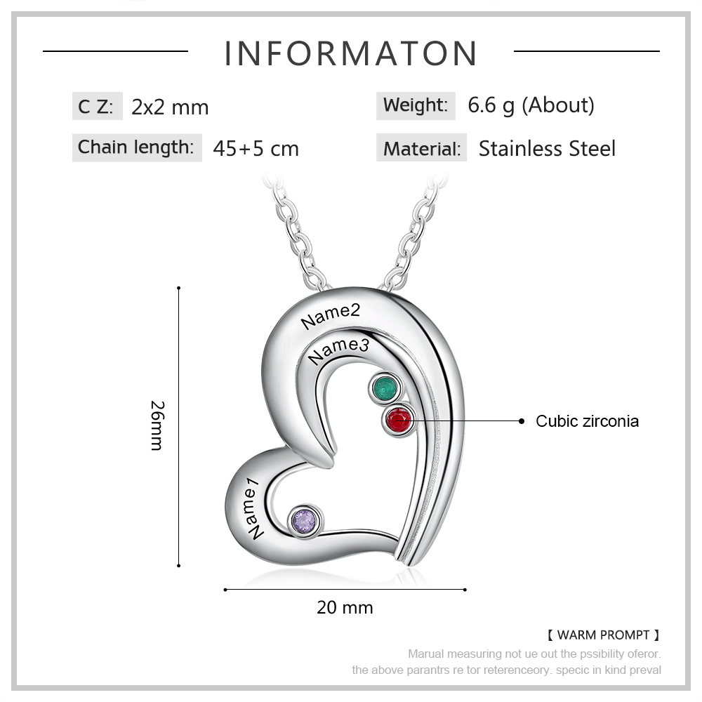 Personalised Heart Necklace With 3 Birthstones Engraved Names Gift For Her-Jessemade AU
