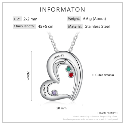 Personalised Heart Necklace With 3 Birthstones Engraved Names Gift For Her-Jessemade AU