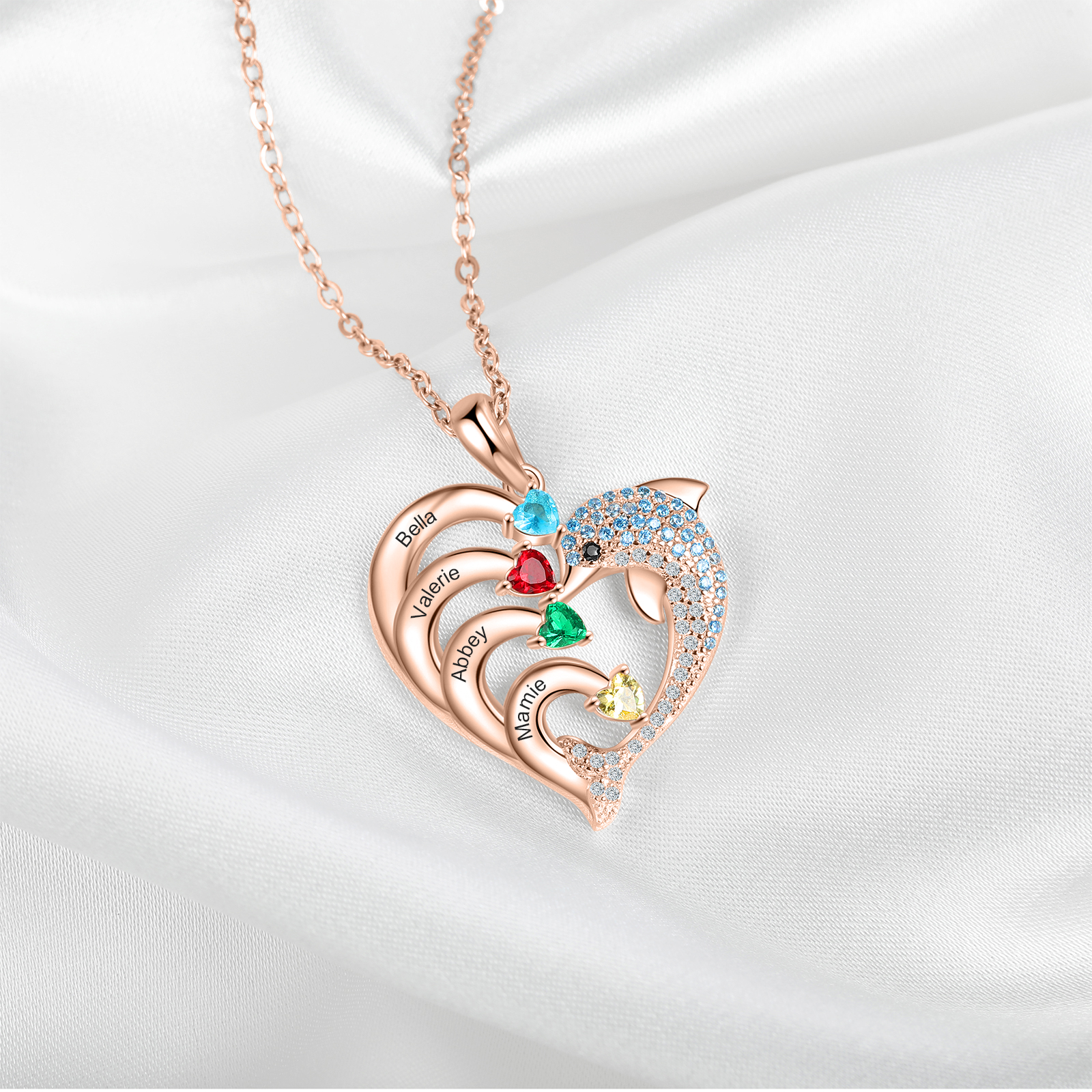 Personalised Heart Dolphin Necklace With 4 Birthstones Engraved Names Gift For Her-Jessemade AU