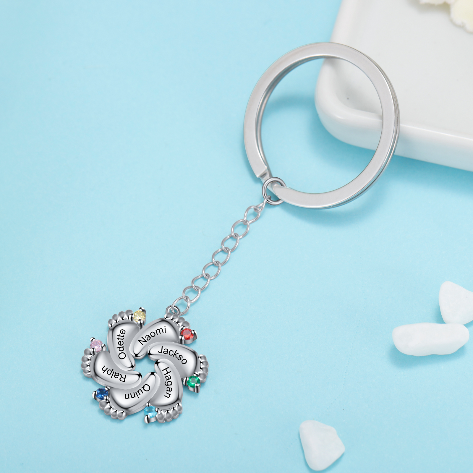 Personalised Baby Feet Keychain With 6 Birthstones Engraved names Keychain Gifts For Mother-Jessemade AU