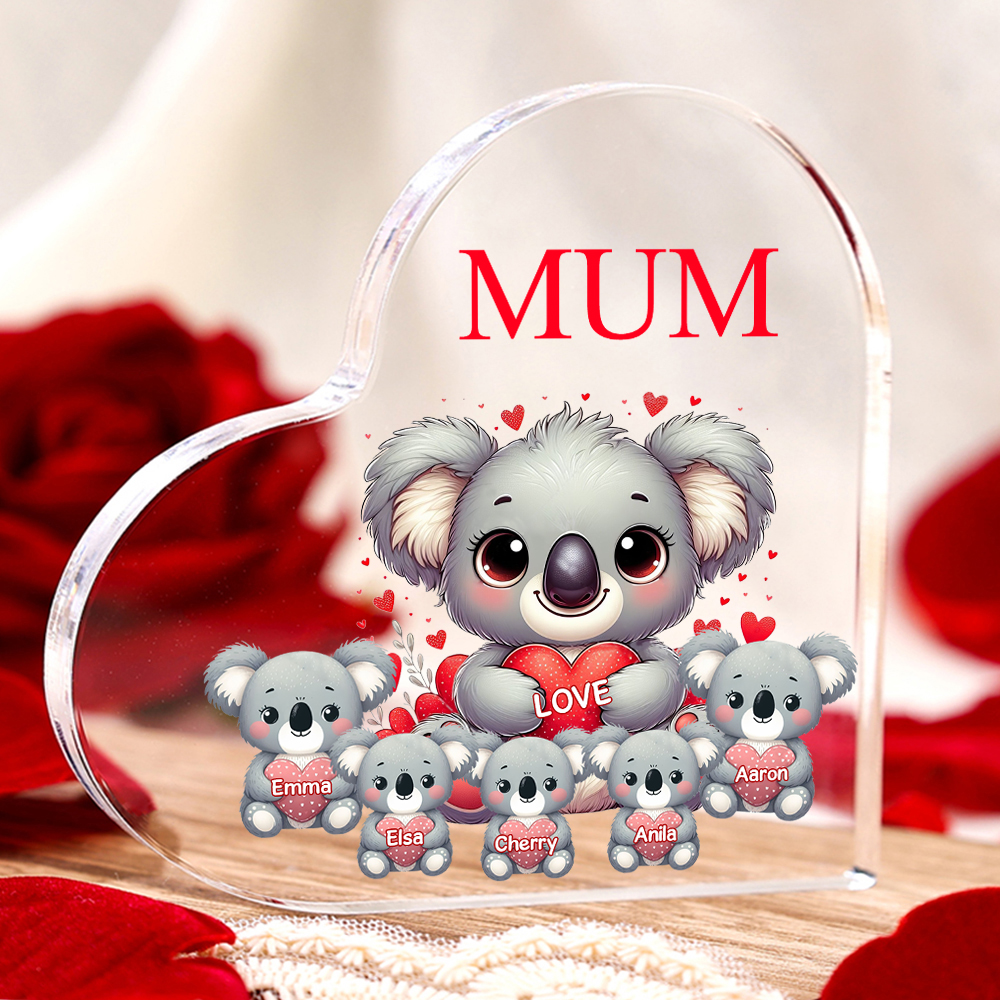 Personalised Acrylic Heart Keepsake Custom 1 Text & 5 Names Ornament Koala Family Gifts for Mother/Grandma-Jessemade AU