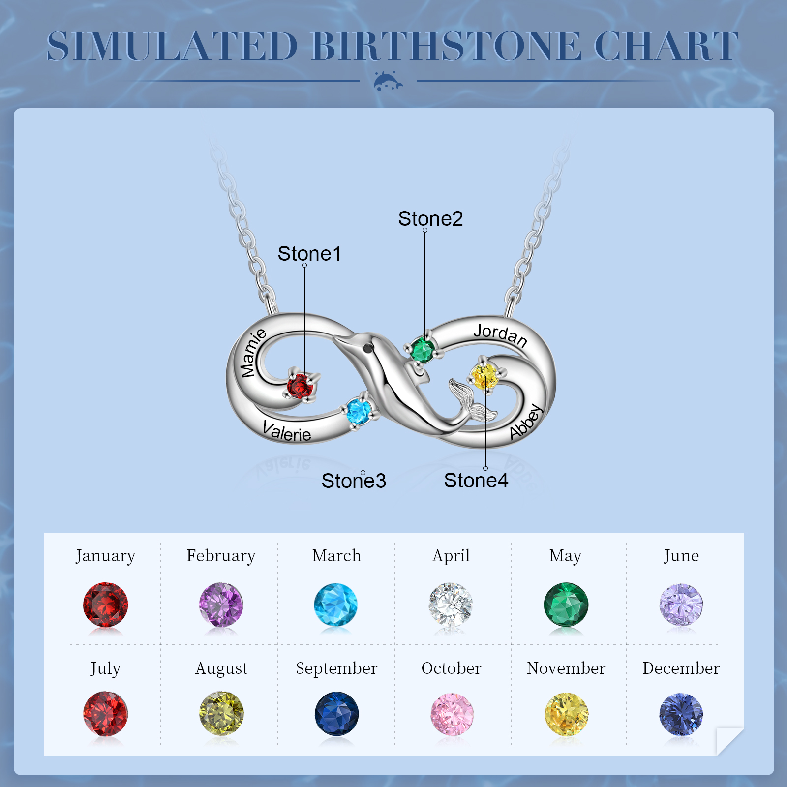Personalised Infinite Dolphin Necklace With 4 Birthstones Custom Names Best Gift For Her-Jessemade AU