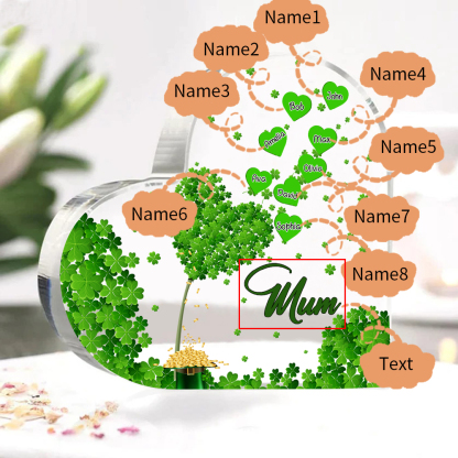 8 Names - Personalised Acrylic Heart Keepsake Custom Text Four-Leaf Clover Ornament Gift for Mother/Grandma-Jessemade AU